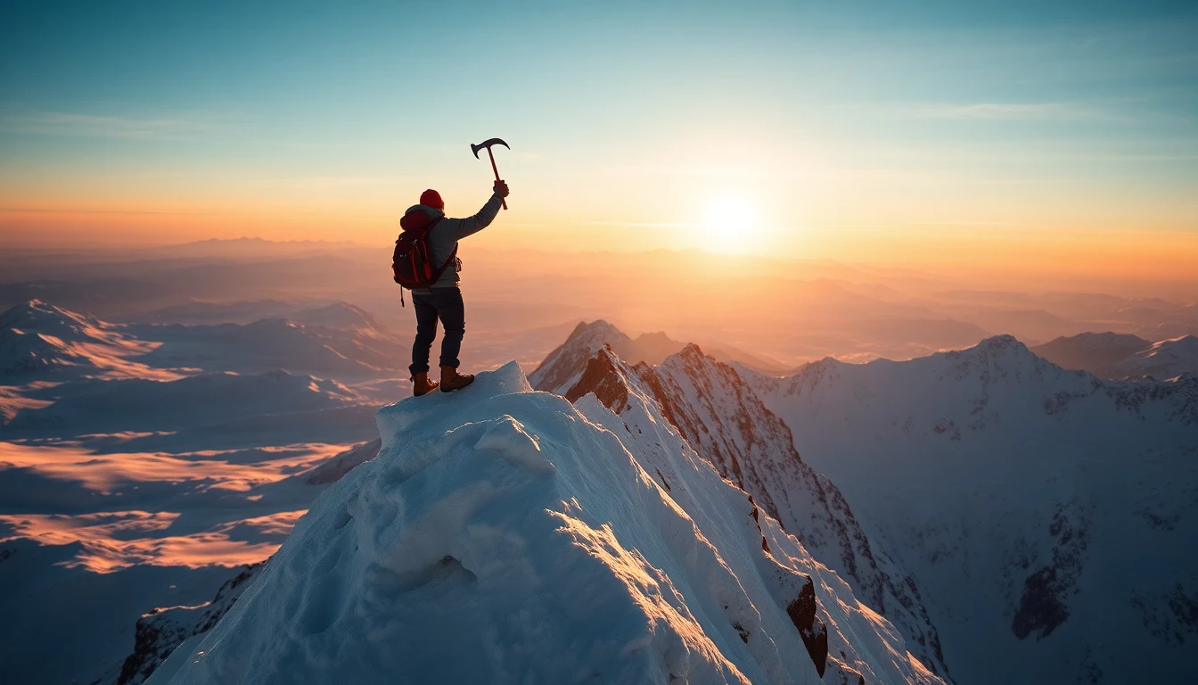 Alpinista no cume de uma montanha nevada