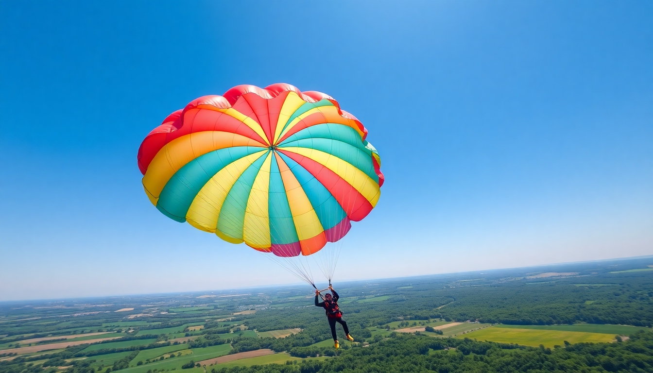 Paraquedas aberto voando sobre paisagem verde
