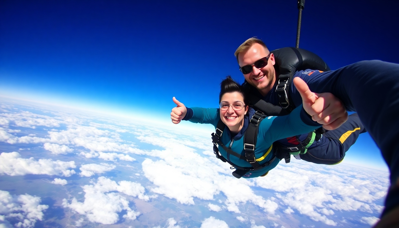 Pessoas praticando paraquedismo com o céu azul de fundo